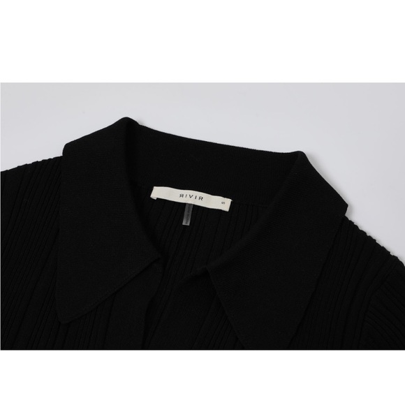 RIVIR Black Button-Down Midi Dress Ribbed Flute Sleeve S M L holiday - Picture 8 of 8